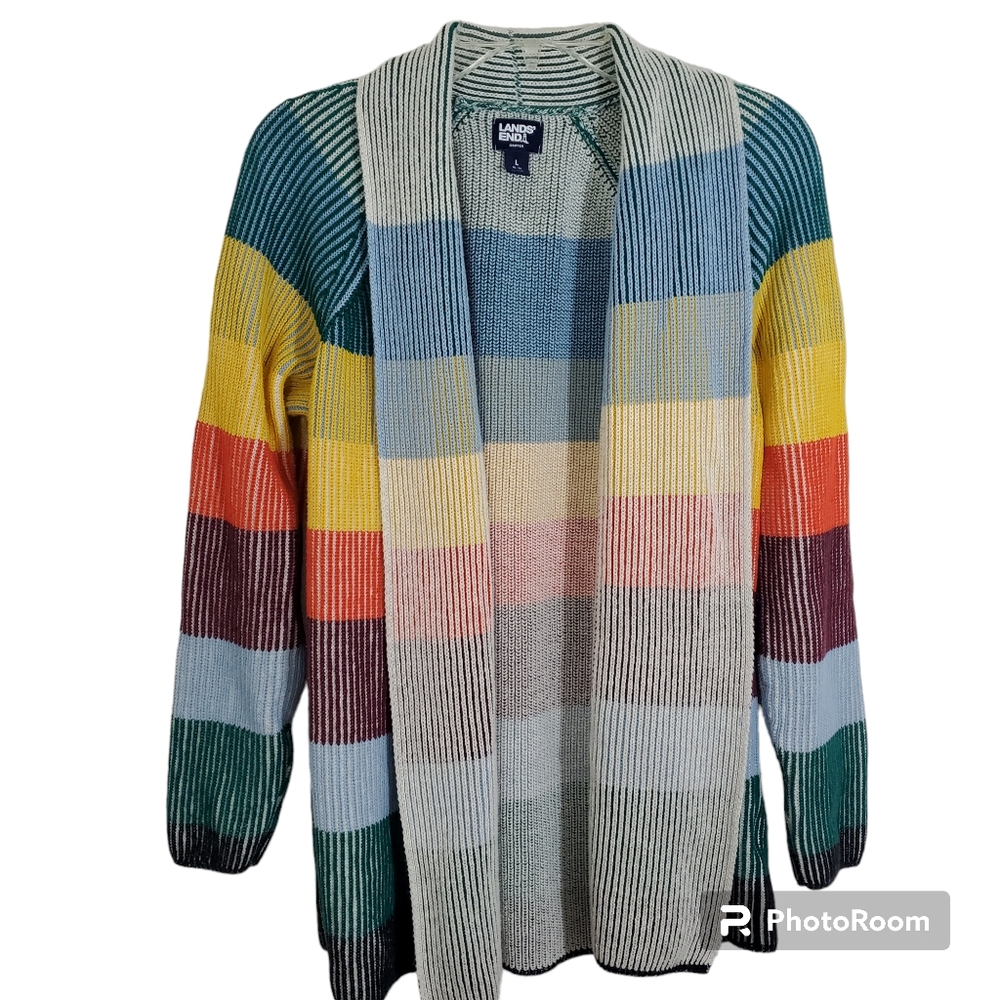 Lands' End Drifter Shaker Open Cardigan Sweater Rainbow Stripe Boho Size Large